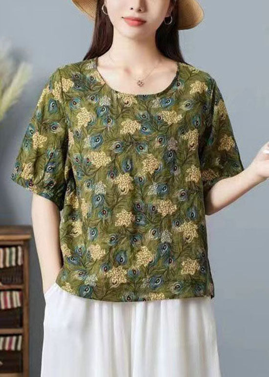Green O Neck Print Patchwork Cotton T Shirt Top Summer