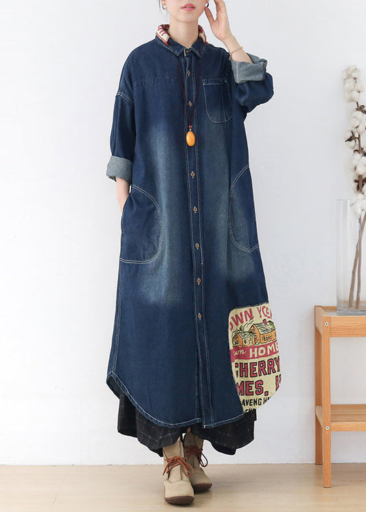 Blue Peter Pan Collar Patchwork Letter Print Button Pockets Cotton Denim Dresses Long Sleeve