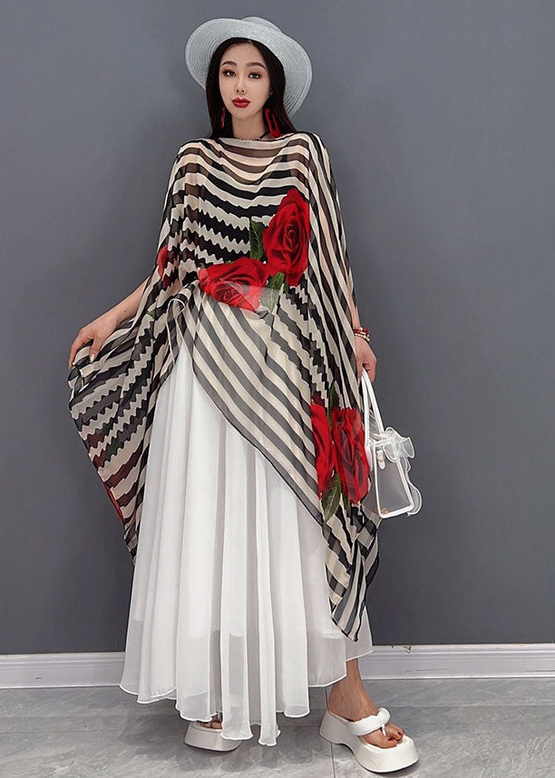 Asymmetrical Striped Chiffon Top and Skirt Two Pieces Set Summer