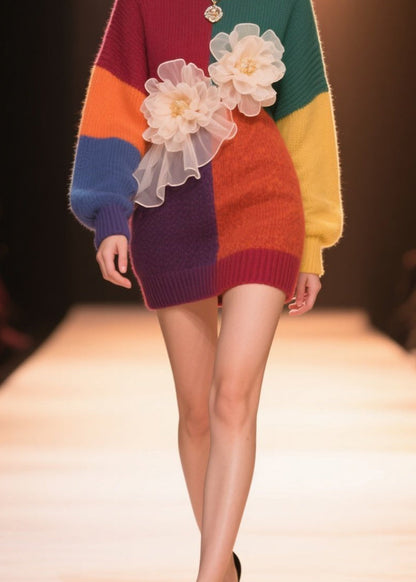 Colorblock O Neck Knit Sweaters Tops Fall