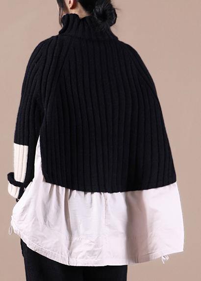 Aesthetic Black Top High Neck Patchwork Clothing Spring Knitted Blouse