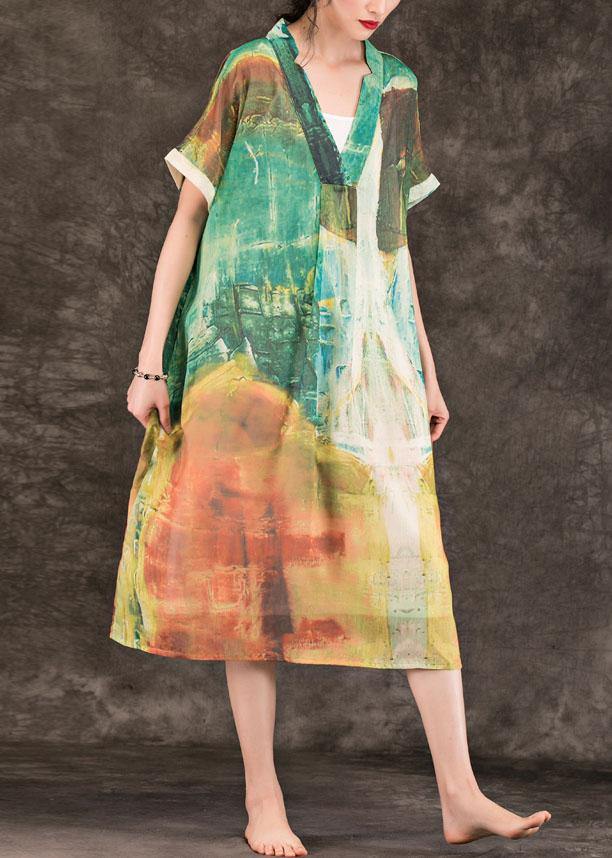 Green Print Linen Clothes for V Neck Patchwork Maxi Summer Dresses