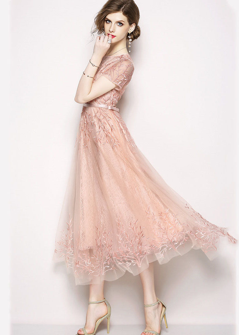 Style Pink Embroidered Tulle Long Dress Short Sleeve