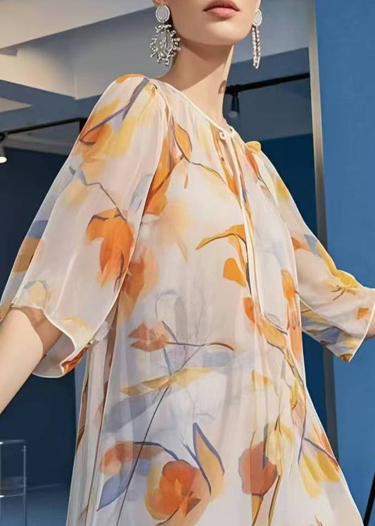 Apricot Print Patchwork Chiffon Mini Dress Summer
