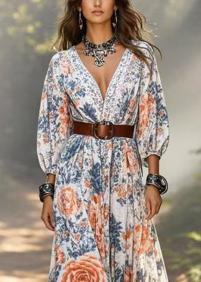 V Neck Print Cotton Tunic Dresses Bracelet Sleeve