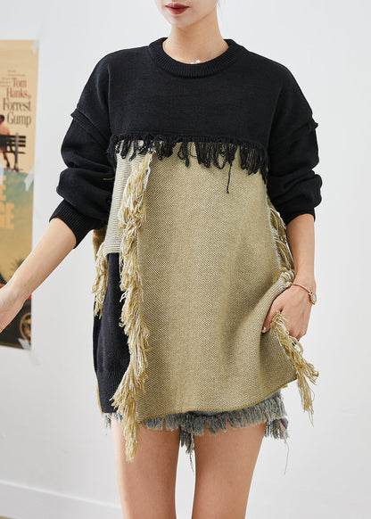 Colorblock Tasseled Patchwork Knitted Tops Fall