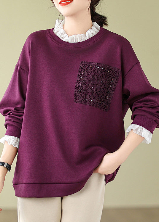 Purple Lace Patchwork Warm Fleece Sweatshirts Spring
