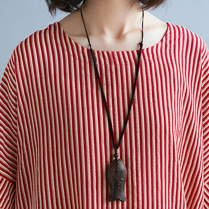 Red Linen Maxi Dress O Neck Striped Linen Clothing Dresses Fine Baggy Dresses Caftans