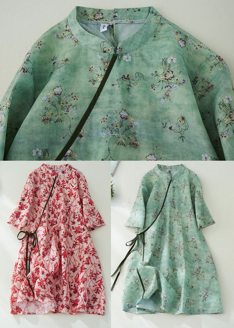 Diy Red Stand Collar Print Button Cotton Blend Holiday Cinch Dress Half Sleeve