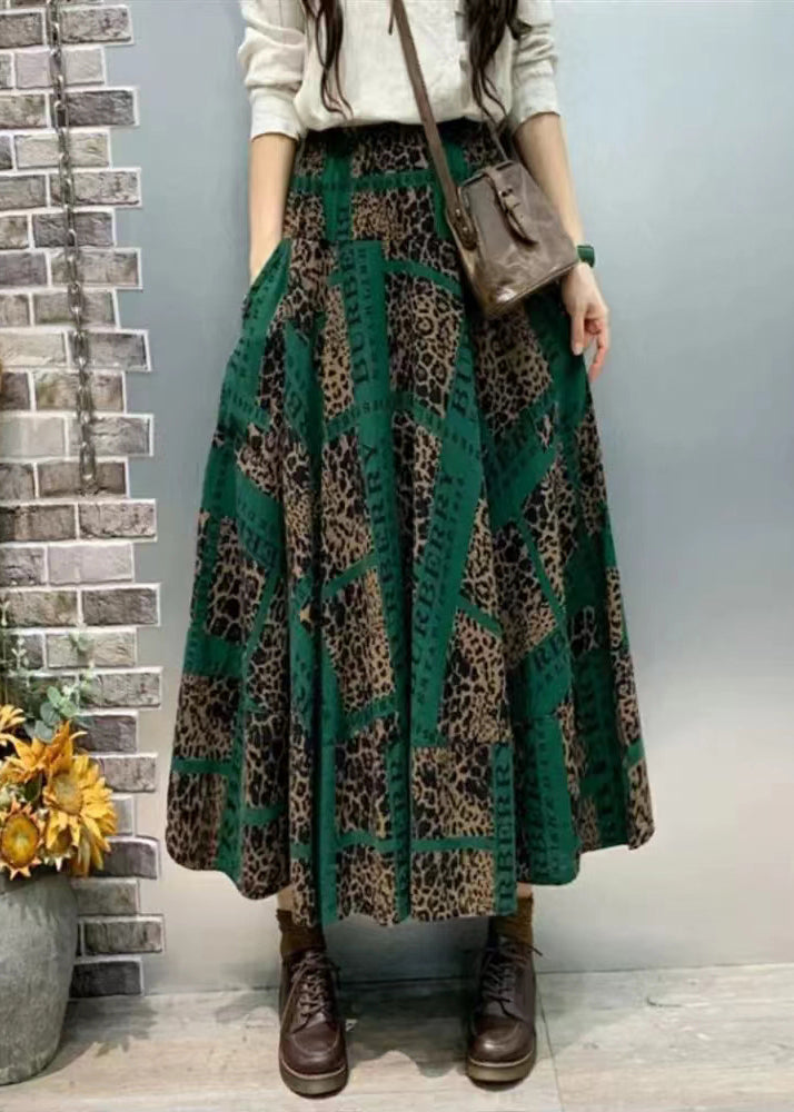 Green Print Pockets Cotton Skirt Fall