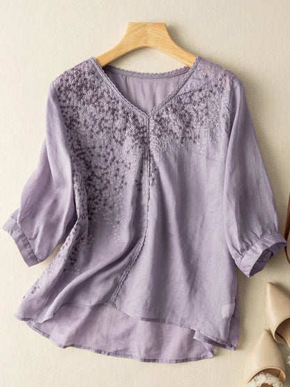 Embroidered V Neck 3/4 Sleeve Linen Top