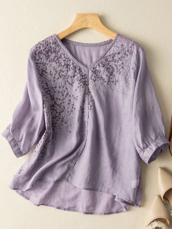 Embroidered V Neck 3/4 Sleeve Linen Top