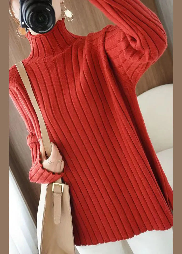 Grey Turtleneck Striped Knitting Sweaters Long Sleeve