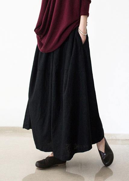 Black Retro Drawstring Folds Gradient Loose Large Size Wide Leg Pants Thick Cotton Linen Skirt Pants