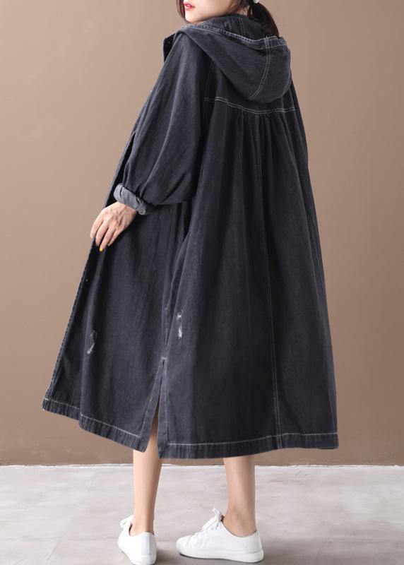French Denim Black Fine Coat for Woman Shape Hooded Hole Outwears