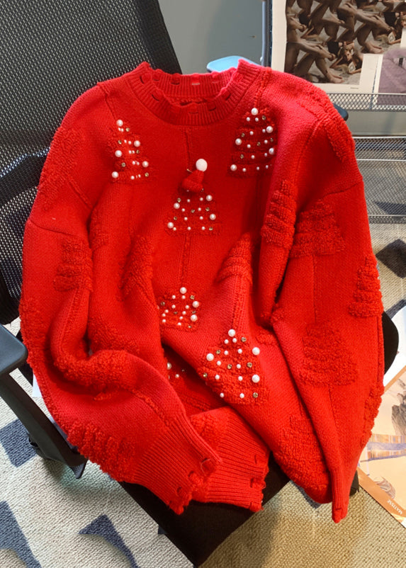 Loose Red O-neck Nail Bead Patchwork Cotton Knit Sweaters Spring