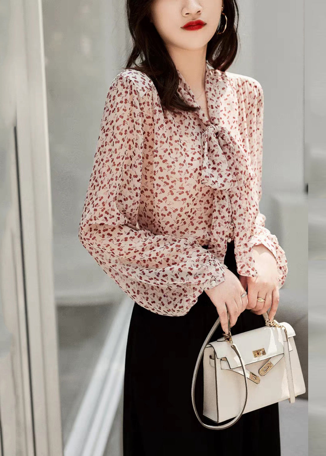 Red Bow Print Silk Tops Long Sleeve
