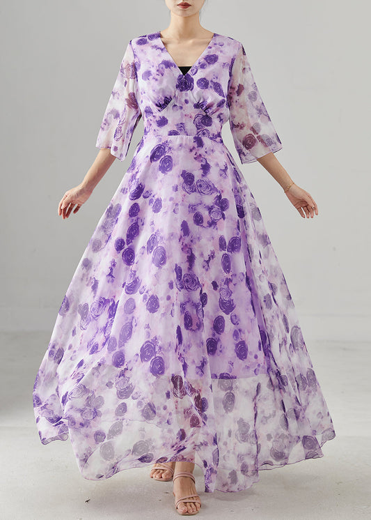 Purple Print Exra Large Hem Chiffon Long Dresses Summer
