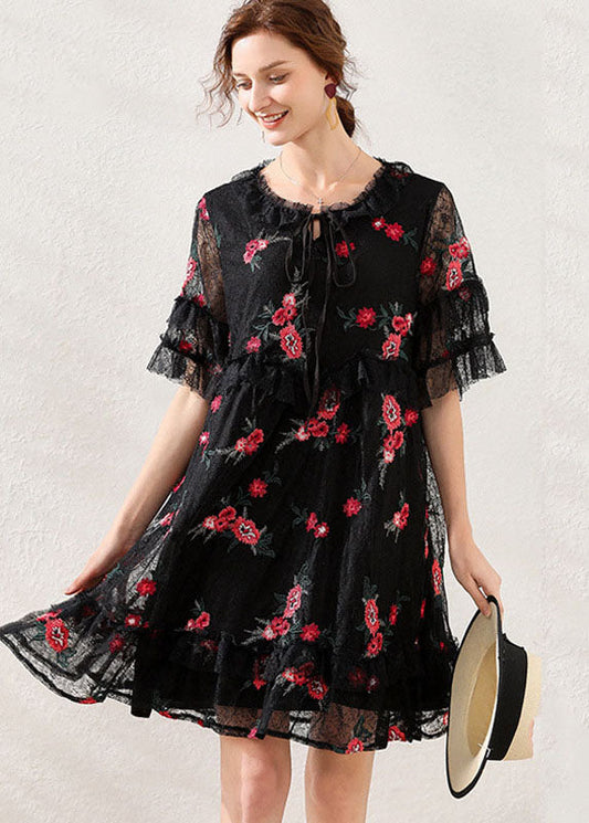 Black Embroideried Patchwork Lace Mid Dress Short Sleeve
