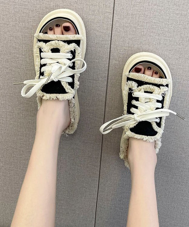 Black Platform Splicing Tassel Lace Up Slide Sandals