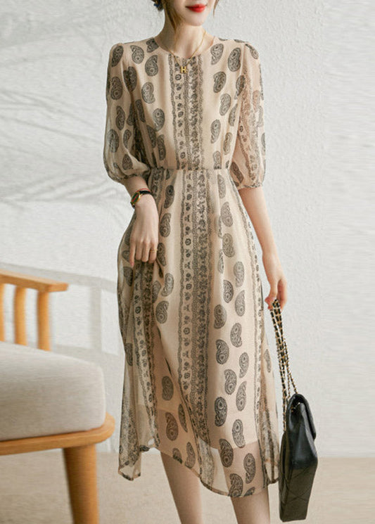 O-neck Print Patchwork Zippered Silk Long Dresses Half Sleeve