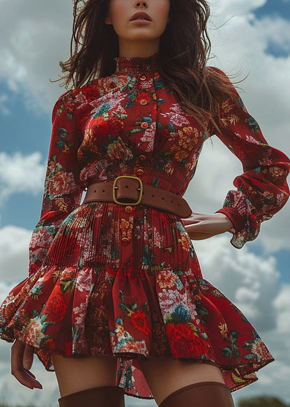 Red Ruffled Print Button Cotton Mini Dress Long Sleeve