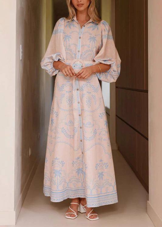 Blue Print Maxi Dresses Lantern Sleeve