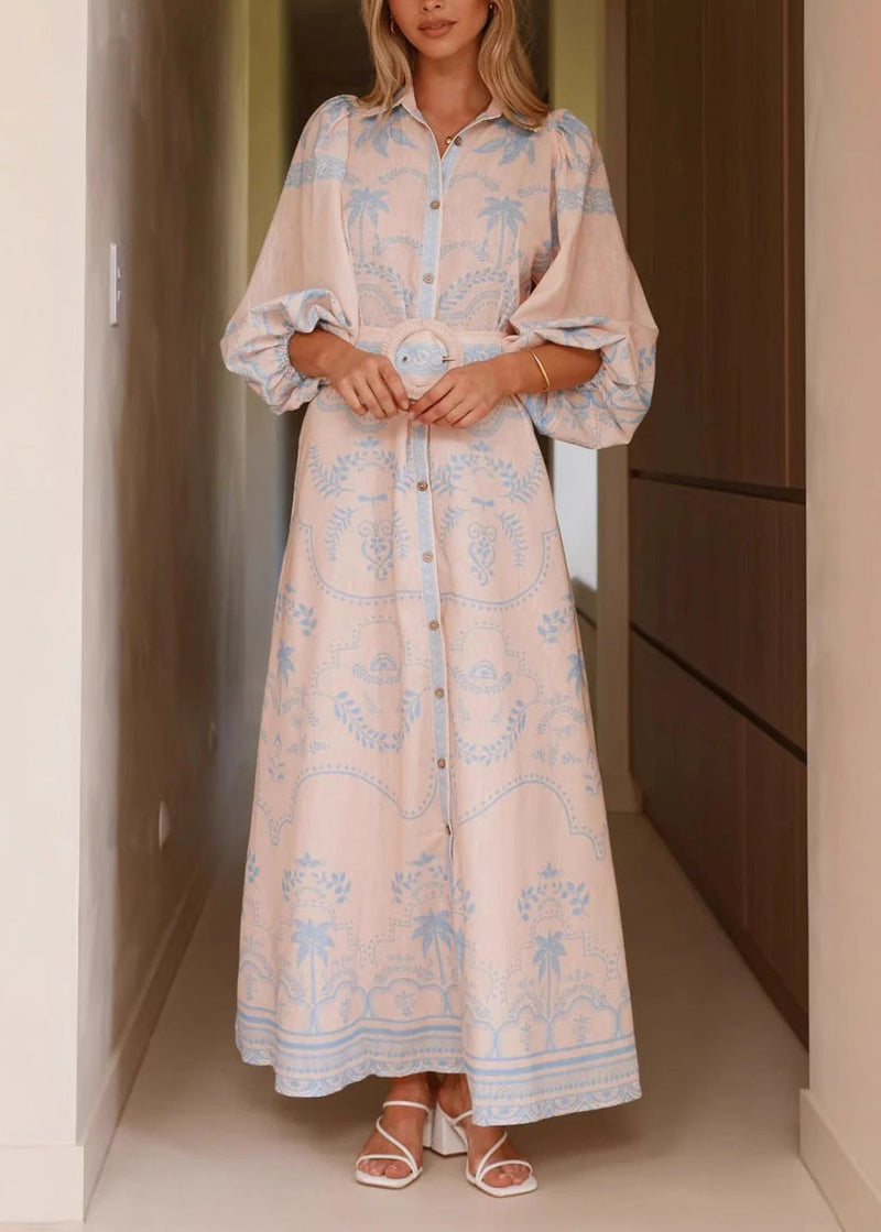 Blue Print Maxi Dresses Lantern Sleeve