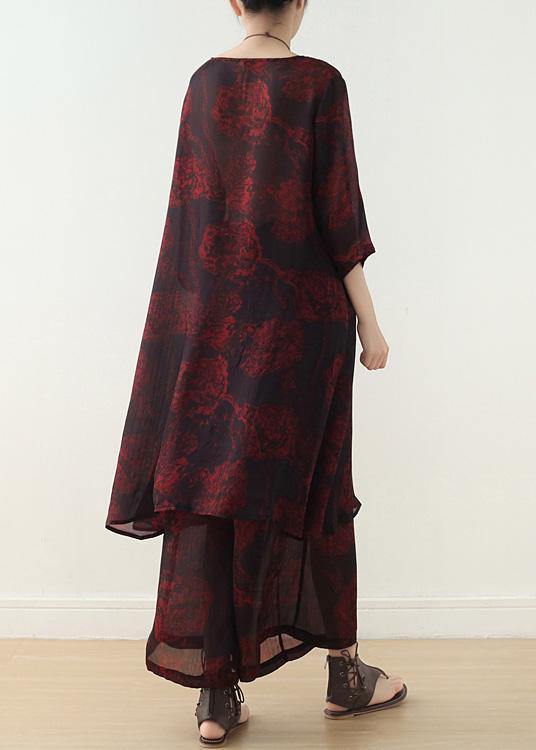 Red Prints Two Pieces Bracelet Sleeved Dress and Wide Leg Pants