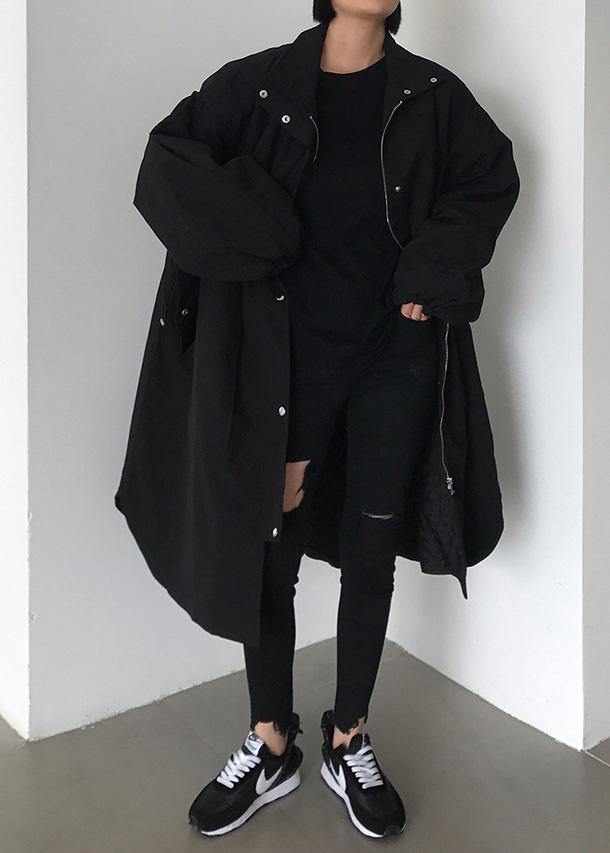 Handmade Zippered Lapel Collar Crane Coats Black Baggy Coats