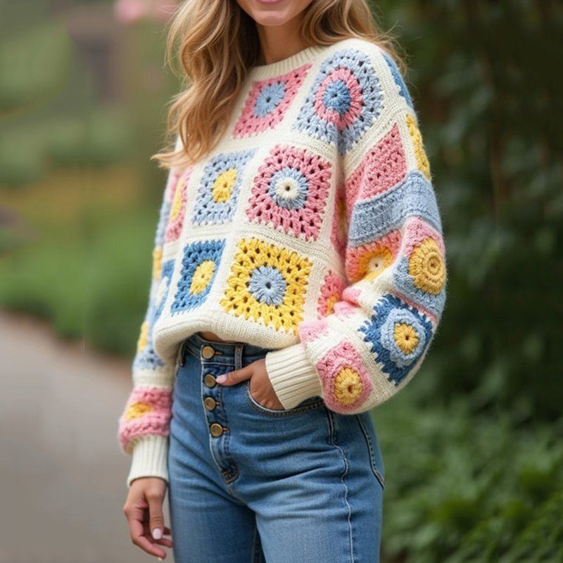 Women's Classic Grandma Check Crochet Floral Round Collar Sweater elevenforest