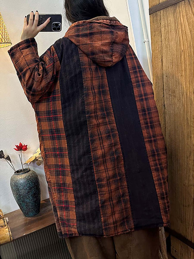Button Plaid Stripe Splicing Hodded Coat