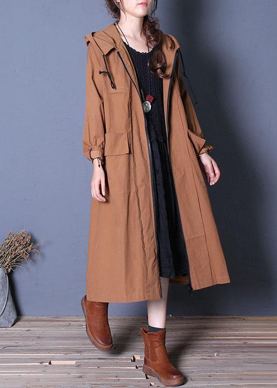 Long Fall Brown Hooded Drawstring Coats