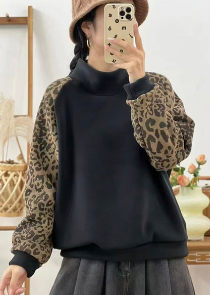 Red Hign Neck Leopard Patchwork Warm Fleece Sweatshirts Top Winter