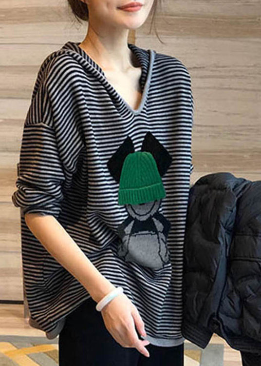 Black Striped Print Hooded Patchwork Cotton Top Fall