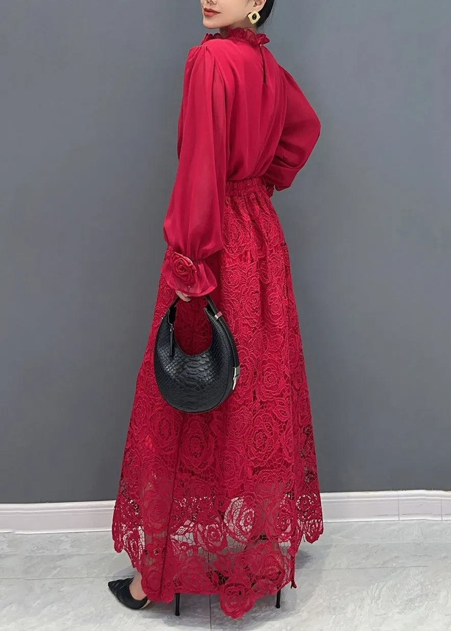 Fine Red Rose Lace Shirts and Maxi Skirts Two Pieces Set Fall