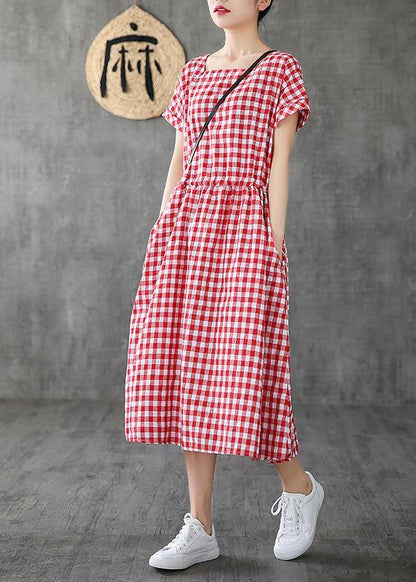 Handmade Square Collar Patchwork Cotton Linen Clothes for Shape Red Plaid Dress Summer