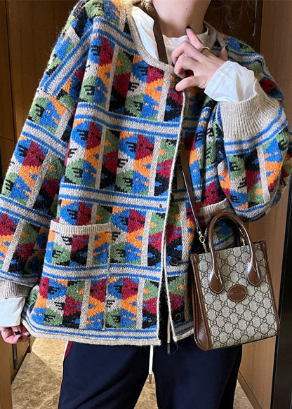 Jacquard Plaid Pockets Patchwork Knit Coat Fall