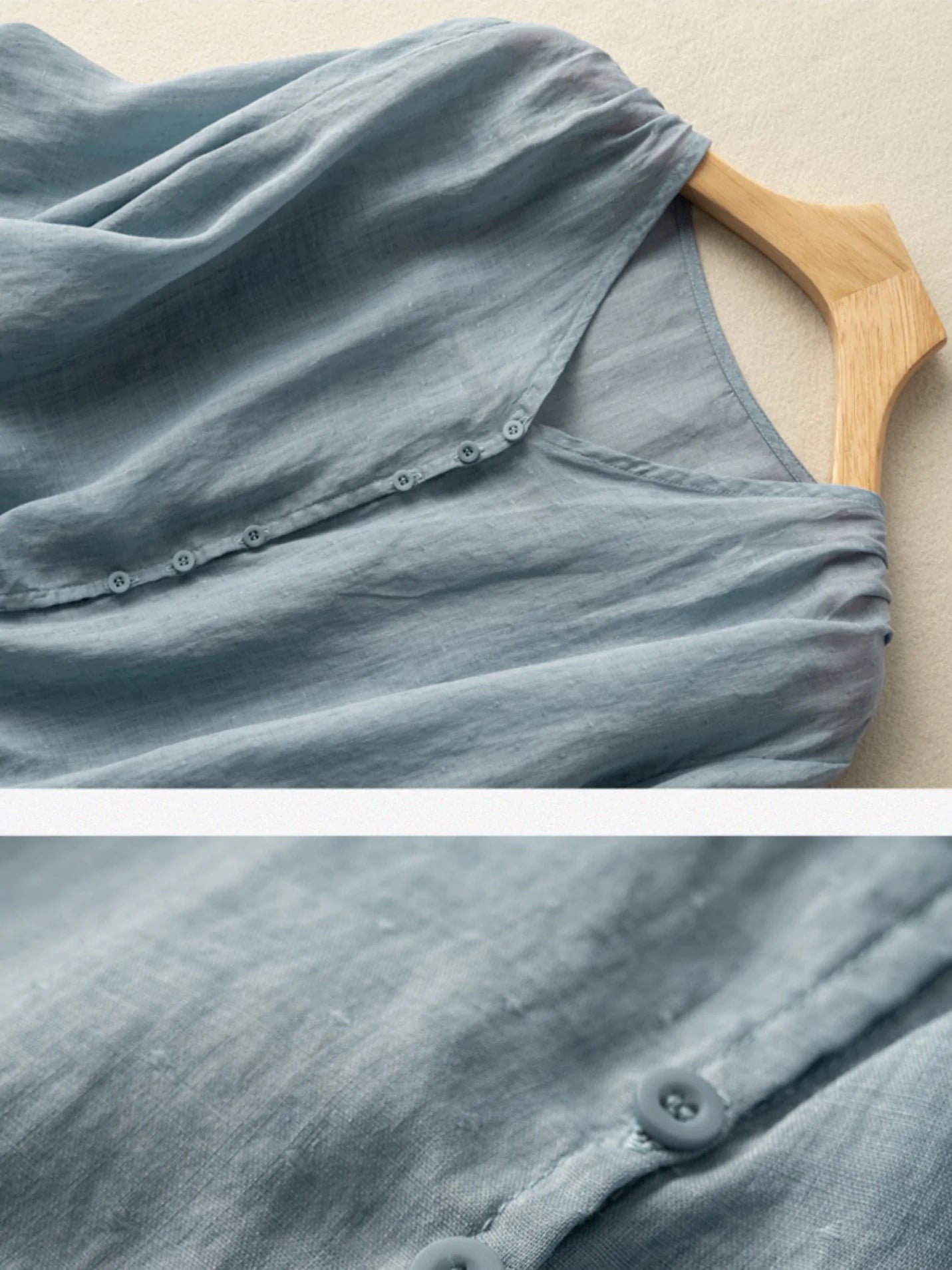 Pure Color V Neck 3/4 Sleeve Linen Shirt Top