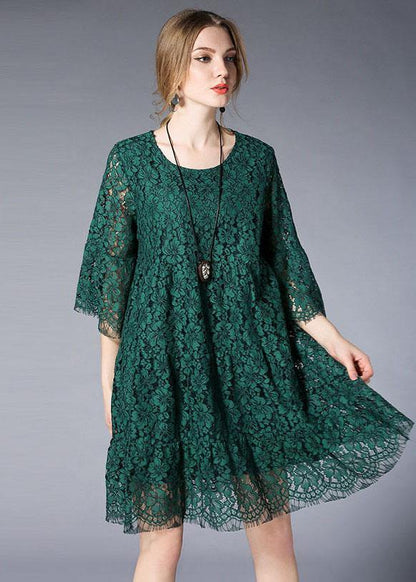 Green O-neck Lace Spring Vacation Dress Half Sleeve