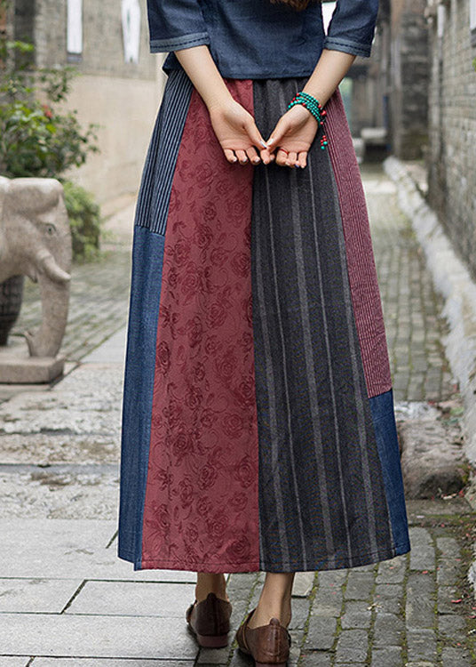 Novelty Navy Blue Print Patchwork Embroideried Tassel High Waist Maxi Skirts