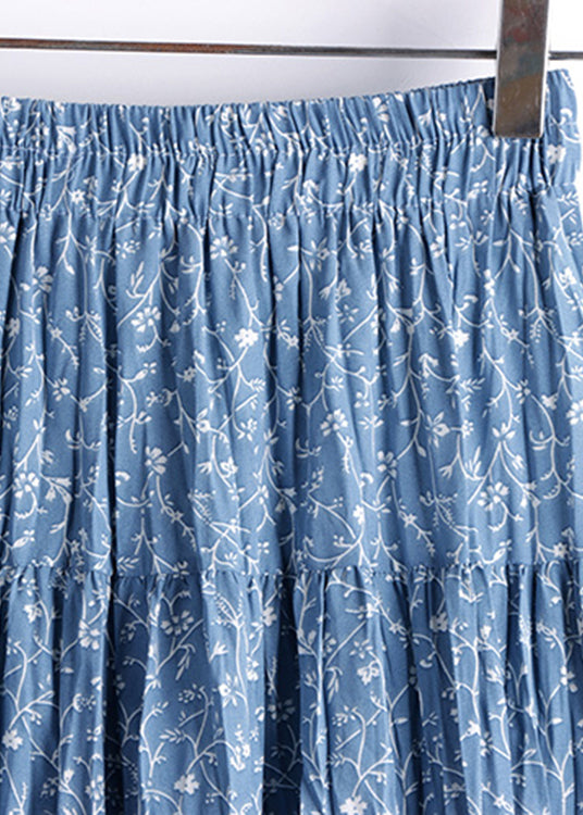 Boutique Blue Print Wrinkled Elastic Waist a Line Skirt Fall