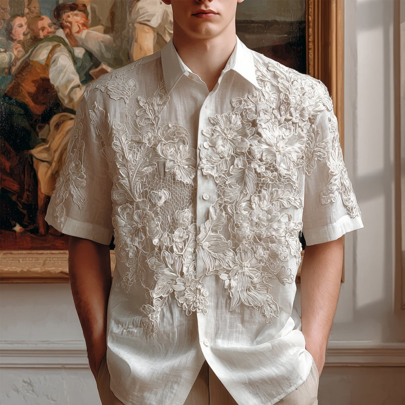 Men's Vintage Floral Lace Embroidered Linen Shirt elevenforest