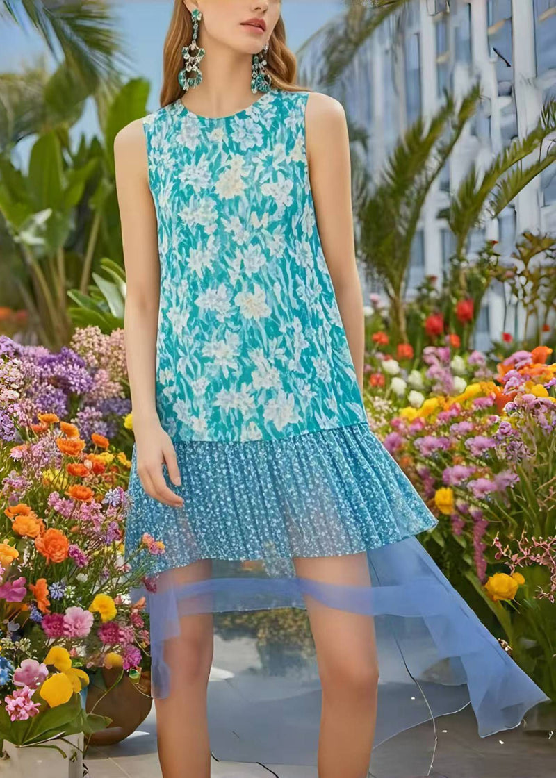 Blue Print Patchwork Chiffon Holiday Dress Low High Design Sleeveless