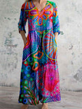 Women's Artistic Texture Geometric Pattern V-neck Cotton And Linen Dre