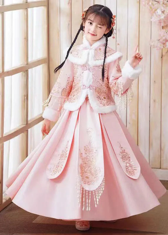 Pink Patchwork Warm Fleece Kids Coats and Maxi Skirts Two Piece Set Winter