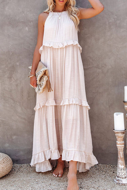 Blue Vittoria Shirred Ruffle Tiered Maxi Halter Dress