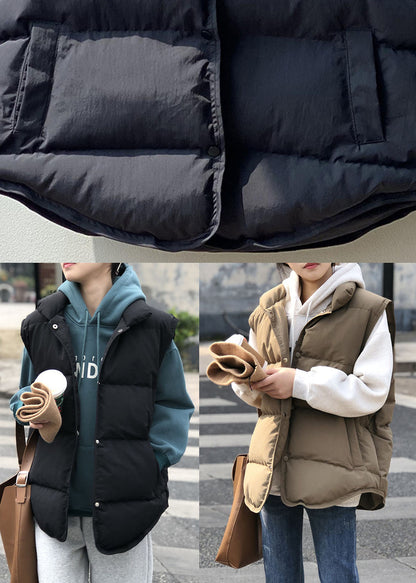 Black Pockets Button Patchwork Winter Warm Sleeveless Puffer Vest