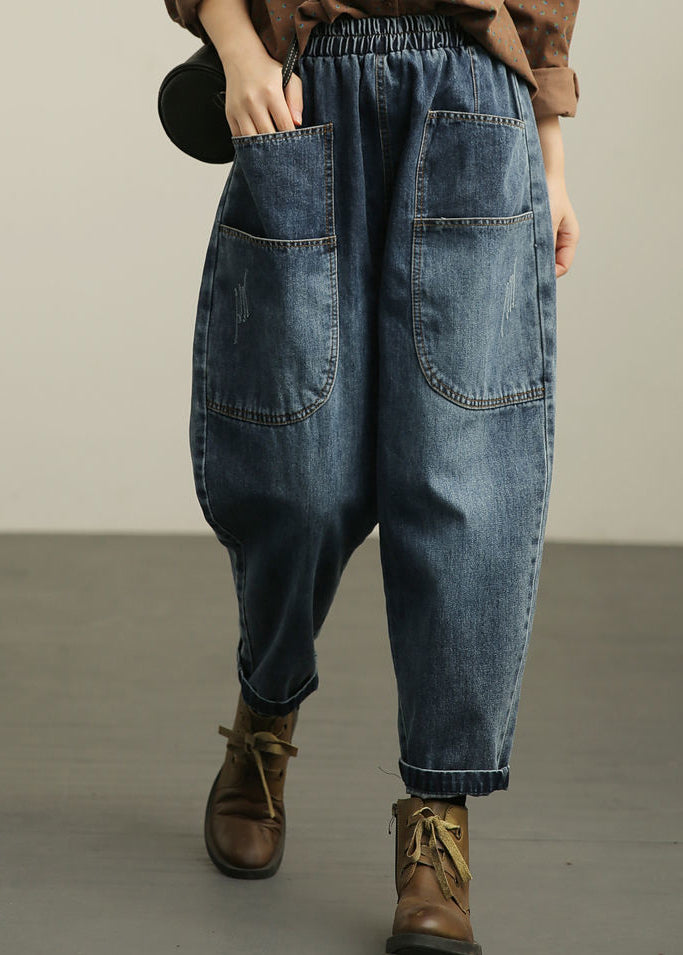 Blue Pockets Denim Harem Pants Fall