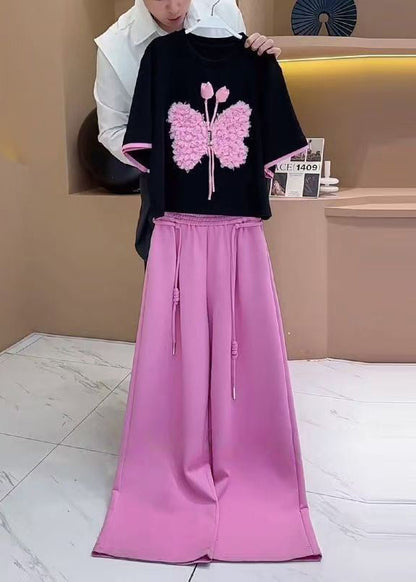 New Black Butterfly T Shirt and Pink Pants Cotton Two-piece Set Summer